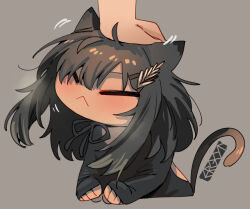 1girl 1other :&lt; =_= animal_ears artist_name black_hair black_sweater cat_ears cat_tail chibi ergot grey_background hair_ornament long_sleeves original simple_background solo_focus sweater tail