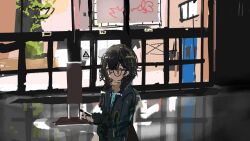 1girl alternate_costume black_hair black_jacket blush braid cevio closed_mouth commentary_request day expressionless glass_door glasses green_eyes green_ribbon hanakuma_chifuyu hand_up highres holding holding_phone indoors jacket kabuyama_kaigi long_hair long_sleeves low_twin_braids neck_ribbon phone reflective_floor ribbon sign solo synthesizer_v twin_braids upper_body window