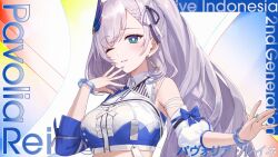 amagai_tarou blue_nails bracelet earrings hair_ornament hair_ribbon hairpin highres hololive hololive_idol_uniform_(color_rise) hololive_indonesia jewelry long_hair midriff nail_polish official_alternate_costume official_art one_eye_closed pavolia_reine ribbon side_ponytail very_long_hair virtual_youtuber