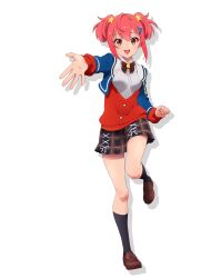 1girl :d full_body hair_ornament highres jacket looking_at_viewer multicolored_hair official_art ootori_kokona open_mouth pink_hair red_hair school_uniform shoes short_hair skirt smile solo transparent_background two-tone_hair world_dai_star
