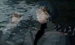 2boys aeug basic_learning bird blonde_hair blue_eyes blue_hair blue_jacket commentary_request from_above gloves gundam highres holding holding_oar jacket kamille_bidan long_sleeves multiple_boys oar ocean quattro_bajeena red_gloves red_jacket rowboat rowing short_hair waves white_bird zeta_gundam