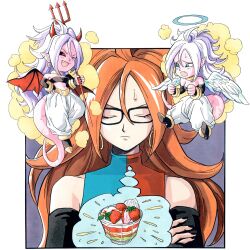 Rule 34 | 3girls, absurdres, android 21, angel, angel and devil, angel wings, bare shoulders, black sleeves, black tube top, blue dress, blue eyes, brown hair, checkered clothes, checkered dress, closed eyes, colored skin, demon girl, demon horns, demon wings, detached sleeves, dragon ball, dragon ball fighterz, dress, earrings, eyelashes, fang, feathered wings, grey hair, halo, harem pants, highres, hoop earrings, horns, jewelry, long hair, majin android 21, multiple girls, pants, pink skin, red dress, red eyes, red wings, silverwoodwork, strapless, tube top, two-tone dress, upp, white pants, wings