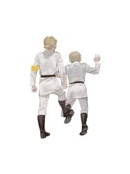 1boy 1girl aged_down annie_leonhart armband belt blonde_hair boots collared_shirt duel from_behind full_body highres kicking knee_boots leather leather_boots luguoadeli_(maple12031) marley_military_uniform reiner_braun shingeki_no_kyojin shirt short_hair soldier