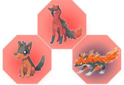 animal_focus black_eyes blue_eyes border closed_mouth creatures_(company) evolutionary_line fakemon fang fang_out fire full_body game_freak highres hyshirey nintendo no_humans official_style original outline pokemon red_background red_eyes red_theme sideways_mouth sitting split_mouth standing transparent_background transparent_border white_outline