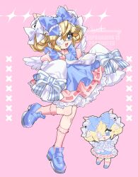 1girl apron bell blonde_hair blue_apron blue_bow blue_eyes blue_shoes borrowed_character bow chibi commentary_request commission cutesu_(cutesuu) double_bun dress eyepatch frilled_bow frilled_socks frills hair_bell hair_bow hair_bun hair_ornament highres jingle_bell kamota_(momokomati) layered_sleeves lolita_fashion long_sleeves medical_eyepatch multiple_views original pink_background pink_dress pink_socks ribbon-trimmed_dress ribbon_trim shoes short_over_long_sleeves short_sleeves simple_background sleeves_past_fingers sleeves_past_wrists smile socks solo_focus sweet_lolita watermark white_wings wings