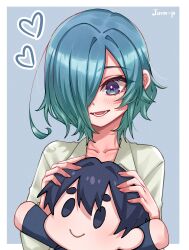 1girl :d absurdres aijou_rentarou aqua_hair artist_name blue_eyes blue_hair blush character_doll collarbone commentary doll gradient_hair grey_background hair_over_one_eye heart highres jjum_pp kimi_no_koto_ga_dai_dai_dai_dai_daisuki_na_100-nin_no_kanojo long_bangs multicolored_hair nakaji_uto one_eye_covered open_mouth shirt short_hair simple_background smile solo stuffed_toy upper_body white_shirt