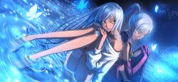 Rule 34 | 2girls, artist request, back-to-back, bandaged leg, bandages, bare shoulders, barefoot, black thighhighs, blue background, bottomless, breasts, bug, butterfly, closed mouth, code geass, code geass: lost stories, dark-skinned female, dark skin, dual persona, dutch angle, elbow gloves, feet, female focus, from behind, game cg, gloves, glowing, grey hair, hair tie, hands on own knee, hands on own knees, hands up, head tilt, high ponytail, highres, insect, jacket, knees together feet apart, knees up, leaning forward, legs, light particles, lipstick, long hair, long sleeves, looking at viewer, looking back, makeup, medium breasts, military uniform, multiple girls, non-web source, off shoulder, official art, oversized clothes, own hands together, parted lips, petals, petals on liquid, ponytail, purple gloves, purple jacket, purple lips, shallow water, sidelocks, sitting, sleeveless, sleeveless jacket, sweater, teeth, thighhighs, toes, transparent, villetta nu, water, white sweater, yellow eyes