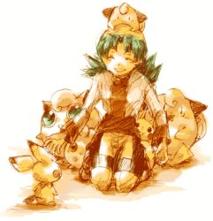1990s_(style) 1girl artist_request bike_shorts clefairy cleffa closed_eyes gen_1_pokemon gen_2_pokemon hat igglybuff jigglypuff kneeling kris_(pokemon) lowres nintendo on_head pichu pikachu pokemon pokemon_(creature) pokemon_gsc pokemon_on_head retro_artstyle smile source_request twintails