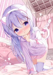 1girl all_fours animal_ears blue_eyes blue_hair blush bow cat_ears cat_tail chinomaron commentary_request curtains fake_animal_ears finger_to_mouth frilled_pillow frills gochuumon_wa_usagi_desu_ka? hair_between_eyes hair_ornament hairband heart heart-shaped_pupils highres hood hood_down hooded_jacket indoors jacket kafuu_chino long_hair no_shoes nose_blush on_bed pillow pink_bow pink_skirt plaid_clothes plaid_skirt pleated_skirt shushing simple_background skindentation skirt solo symbol-shaped_pupils tail tail_bow tail_ornament thighhighs twitter_username very_long_hair white_hairband white_jacket white_thighhighs x_hair_ornament
