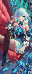 Rule 34 | 1girl, absurdres, black boots, black thighhighs, blue dress, blue eyes, blue hair, boots, breasts, cerydra (honkai: star rail), chess piece, commentary request, couch, crossed legs, crown, detached sleeves, dress, grin, hair intakes, highres, holding, holding chess piece, honkai: star rail, honkai (series), king (chess), large breasts, long hair, momo (2240807), on couch, rook (chess), single thighhigh, smile, solo, thighhighs, thighs