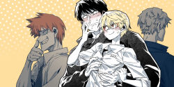 4boys androgynous bishounen black_hair black_jacket blonde_hair blush character_name closed_mouth crazy_eyes crazy_smile eyeliner from_behind grin halftone hand_on_another&#039;s_face high_school_boy hong_iltak jacket kim_hyungjoo lee_hyunwoo looking_at_viewer makeup male_focus male_with_breasts multiple_boys official_art orange_hair parkgee polka_dot polka_dot_background puffy_chest red_eyeliner red_eyes sanpaku school_uniform shirt short_hair simple_background smile sweat upper_body white_shirt yaoi yellow_background