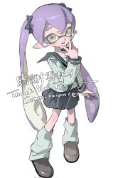 1girl black_bow blue_eyes blue_sailor_collar blue_skirt bow commission fang full_body grey_shoes hair_bow highres inkling inkling_girl inkling_player_character loafers long_hair long_sleeves looking_at_viewer mole mole_under_mouth nintendo open_mouth p-pepper purple_hair sailor_collar school_uniform serafuku shirt shoes skirt smile socks solo splatoon_(series) standing tentacle_hair thank_you twintails v v_over_mouth very_long_hair white_background white_shirt white_socks
