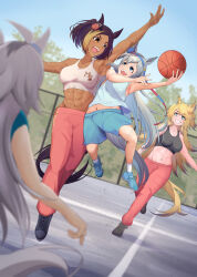 4girls abs absurdres ahoge animal_ears armpits arms_up ball basketball basketball_(object) basketball_court blonde_hair blue_eyes blurry blurry_background breasts brown_hair bumping colored_tips commentary_request dark-skinned_female dark_skin day dutch_angle grey_hair grin hair_between_eyes hairband height_difference highres holding holding_ball horse_ears horse_girl horse_tail jumping large_breasts long_hair looking_at_another medium_breasts michelle_my_baby_(umamusume) midriff_peek multicolored_hair multiple_girls navel obey_your_master_(umamusume) oguri_cap_(umamusume) open_mouth orange_eyes outdoors outstretched_arms outstretched_hand pants ponytail running shirt shoes shorts shuten_(shutehaan) side-by-side sleeveless sleeveless_shirt smile sports_bra spread_arms stomach tail tamamo_cross_(umamusume) toned toned_female two-tone_hair umamusume umamusume:_cinderella_gray v-shaped_eyebrows very_long_hair