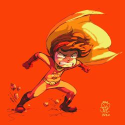 1girl becky_botsford belt belt_buckle blood blood_from_mouth bodysuit boots brown_eyes brown_hair bruise bruise_on_face bruised_eye buckle cape cartoonbottle child clenched_hands clenched_teeth commentary dark-skinned_female dark_skin dated elbow_gloves english_commentary fighting_stance flat_chest full_body furrowed_brow gloves helmet highres injury long_sleeves medium_hair nosebleed open_mouth orange_background orange_hair red_bodysuit red_boots red_gloves red_helmet signature simple_background solo standing superhero_costume teeth wordgirl_(character) wordgirl_(series) yellow_belt yellow_cape