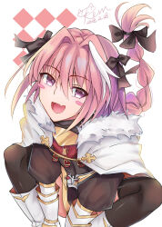 1boy argyle_background arm_support arms_between_legs artist_name astolfo_(fate) black_bow black_shirt black_thighhighs blush_stickers boots bow braid cape dated fang fate/apocrypha fate/grand_order fate_(series) fur-trimmed_cape fur_trim hair_bow hair_intakes kevn long_braid male_focus multicolored_hair open_mouth pink_hair purple_eyes shirt signature simple_background single_braid sitting skin_fang skirt smile solo streaked_hair thighhighs trap two-tone_hair white_background white_boots white_cape white_hair