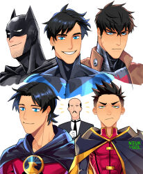 Rule 34 | alfred pennyworth, bat signal, batman (series), batman symbol, black bodysuit, black hair, blue eyes, bodysuit, brothers, bruce wayne, damian wayne, dc comics, dick grayson, family, jason todd, male focus, multiple boys, muscular, muscular male, neukgol, nightwing, red hood (dc), red robin, short hair, siblings, tim drake