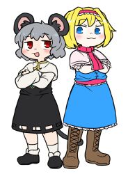 2girls alice_margatroid animal_ears black_footwear black_skirt black_vest blonde_hair blue_eyes blush boots brown_footwear bseibutsu capelet closed_mouth commentary_request cookie_(touhou) cross-laced_footwear crossed_arms frilled_hairband frilled_necktie frilled_sash frills full_body grey_hair hairband ichigo_(cookie) loafers long_sleeves looking_at_viewer mouse_ears mouse_girl mouse_tail multiple_girls nazrin neckerchief necktie nyon_(cookie) open_mouth pink_capelet pink_hairband pink_neckerchief pink_necktie pink_sash sash shirt shoes short_hair simple_background skirt smile socks tail touhou vest white_background white_shirt white_socks