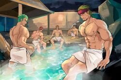 Rule 34 | 5boys, abs, absurdres, armpit hair, armpit hair peek, bara, barst (fire emblem), blonde hair, blue hair, chest hair, commentary, commission, dieck (fire emblem), dumart (dunbans), english commentary, eyepatch, facial hair, fire emblem, fire emblem: mystery of the emblem, fire emblem: the binding blade, fire emblem: the sacred stones, fire emblem echoes: shadows of valentia, gerik (fire emblem), goatee, green hair, highres, in-franchise crossover, jesse (fire emblem), large pectorals, male focus, multiple boys, muscular, muscular male, nintendo, nipples, onsen, pectorals, saber (fire emblem), scar, scar on face, short hair, sitting, towel, towel around waist, variant set
