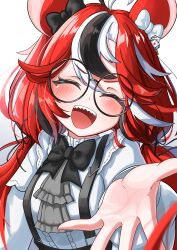 1girl absurdres animal_ears ascot black-framed_eyewear black_bow black_bowtie black_hair blush bow bowtie closed_eyes dice_hair_ornament facing_viewer glasses grey_ascot hair_ornament hakos_baelz hakos_baelz_(steel_rose) highres hololive hololive_english long_hair long_sleeves mouse_ears mouse_girl multicolored_hair official_alternate_costume open_mouth red_hair round_eyewear sharp_teeth shirt simple_background solo streaked_hair suspenders teeth twintails uminonin46978 upper_body upper_teeth_only virtual_youtuber white_background white_hair white_shirt
