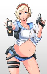 1girl badge belt blonde_hair blue_eyes blue_sailor_collar blush breasts butcha-u capcom eroquis female_focus gradient_background grey_background gun hairband headband holding holding_weapon holster legband legs midriff navel open_mouth parkdale pregnant resident_evil resident_evil_2 resident_evil_6 sailor_collar sherry_birkin shirt short_hair short_shorts shorts solo standing sweat sweatdrop third-party_edit weapon white_background
