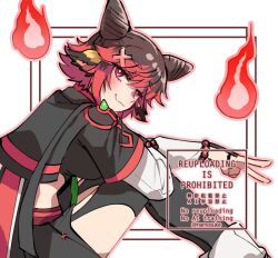 1girl :3 bead_bracelet beads black_shirt black_skirt black_thighhighs bracelet brown_hair closed_mouth clothing_cutout commentary_request cone_hair_bun double_bun fire garter_straps hair_bun hair_ornament hip_vent hitodama jewelry layered_sleeves leaning_forward long_sleeves looking_at_viewer looking_to_the_side namosuke_(oetwmkekmz) ragnarok_online red_eyes red_hair shirt short_hair short_over_long_sleeves short_sleeves sitting skirt smile solo soul_reaper_(ragnarok_online) thighhighs watermark white_background white_sleeves x_hair_ornament