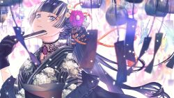 1girl absurdres black_gloves black_hair blonde_hair chiyokurayuki floral_print flower folded_fan folding_fan gloves goth_fashion grey_eyes hair_flower hair_ornament hand_fan highres holding holding_fan hololive hololive_dev_is japanese_clothes juufuutei_raden kimono long_hair multicolored_hair peony_(flower) solo streaked_hair striped_clothes striped_kimono two-tone_hair virtual_youtuber