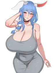 1girl animal_ear_fluff animal_ears bad_tag bare_shoulders black_choker blue_hair blush braid breasts choker cleavage collarbone covered_navel curvy dress grey_dress hair_over_shoulder highres hololive huge_breasts long_hair looking_at_viewer mature_female multicolored_hair nuo_(30340120) original rabbit_ears rabbit_girl red_eyes simple_background smile solo thick_eyebrows usada_pekora virtual_youtuber white_background wide_hips