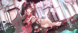 1girl :d absurdres barefoot bell brown_hair butterfly-shaped_pupils doll dress feet flower_tattoo fox_mask highres honkai:_star_rail honkai_(series) japanese_clothes legs looking_at_viewer mark_under_both_eyes mask mask_on_head neck_bell onsen open_mouth pink_eyes red_dress red_nails red_sleeves sandals siroka smile solo sparkle_(doll)_(honkai:_star_rail) sparkle_(honkai:_star_rail) symbol-shaped_pupils tattoo toes twintails unworn_sandals wet