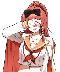 Rule 34 | 1girl, black survival, blush, bow, braid, coat, coat on shoulders, collarbone, covering own eyes, crop top, crop top overhang, eternal return: black survival, facing viewer, hair bow, hand up, justyna (black survival), justyna (prefect) (black survival), lix (iroiro3843), long sleeves, midriff, navel, neckerchief, official alternate costume, open mouth, orange hair, orange sailor collar, ponytail, red neckerchief, sailor collar, school uniform, serafuku, shirt, simple background, smile, solo, stomach, upper body, whistle, white background, white coat, white shirt