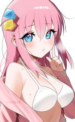 1girl absurdres bikini blue_eyes blush bocchi_the_rock! closed_mouth commentary_request cube_hair_ornament fuyukey gotoh_hitori hair_ornament halterneck hand_up highres index_finger_raised jacket long_hair looking_at_viewer off_shoulder pink_hair pink_jacket simple_background solo sweat swimsuit twitter_username upper_body white_background white_bikini