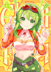 1girl anniversary artist_name belt breasts cleavage closed_mouth commentary confetti crop_top goggles goggles_on_head green_eyes green_hair green_shorts gumi gumi_(ai_megpoid) harusamesyota headphones jacket looking_at_viewer medium_breasts nail_polish navel open_hand orange_jacket orange_nails outline pointing pointing_up short_hair shorts vocaloid white_outline
