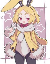 1girl :3 :d animal_ear_hairband animal_ears black_pantyhose blonde_hair blush border bow bowtie bright_pupils brown_background covered_navel cowboy_shot disgaea fake_animal_ears fur-trimmed_jacket fur-trimmed_sleeves fur_trim hairband hand_up highres jacket leotard long_sleeves looking_at_viewer open_clothes open_jacket open_mouth outline outside_border pantyhose pink_eyes rabbit_ear_hairband rabbit_ears red_bow red_bowtie scarf short_hair smile solo suaman thick_eyebrows usalia_(disgaea) v white_border white_leotard white_outline white_scarf