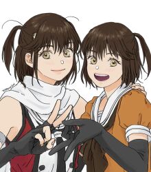 Rule 34 | 2girls, black gloves, black hair, black neckerchief, brown eyes, buttons, double-breasted, dual persona, elbow gloves, gloves, gyaru v, highres, kantai collection, multiple girls, neckerchief, open mouth, orange shirt, puffy short sleeves, puffy sleeves, red shirt, sailor collar, scarf, school uniform, sendai (kancolle), sendai kai ni (kancolle), serafuku, shirt, short hair, short sleeves, simple background, sleeveless, sleeveless shirt, smile, teeth, two side up, upper body, upper teeth only, v, white background, white sailor collar, white scarf, yoshizawa tamae