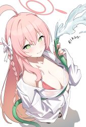 1girl absurdres ahoge artist_name bikini blue_archive bow breasts cleavage collarbone green_eyes hair_bow hanako_(blue_archive) hanako_(swimsuit)_(blue_archive) highres holding holding_hose hose huge_ahoge huge_breasts liago long_braid long_hair looking_at_viewer official_alternate_costume pink_hair red_bikini shadow shirt single_bare_shoulder solo standing swimsuit white_background white_shirt