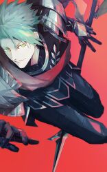 Rule 34 | 1boy, achilles (fate), armor, black gauntlets, black pants, fate/grand order, fate (series), green eyes, grey hair, holding, holding polearm, holding weapon, long hair, looking at viewer, male focus, pants, polearm, red background, red sash, sash, sei 8220, short hair, signature, very long hair, weapon