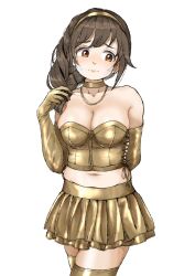 Rule 34 | 1girl, belly, blush, breasts, brown eyes, brown hair, cleavage, corset, gatsby ssl, gloves, gold dress, hairband, highres, idolmaster, idolmaster cinderella girls, jewelry, long hair, miniskirt, navel, necklace, nervous, non-web source, ponytail, senkawa chihiro, shiny clothes, side ponytail, skirt, solo, standing, strapless, thighhighs, white background