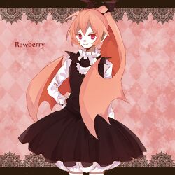 bat_ornament black_dress character_name choko_donburi demon_girl dress funamusea haiiro_teien head_wings light_smile long_sleeves orange_hair pink_eyes rawberry_preserves simple_background wings