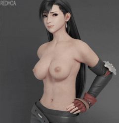 1girl 3d animated animated_gif artist_name belly belt black_belt black_gloves black_hair black_skirt bouncing_breasts breast_expansion breasts elbow_gloves final_fantasy final_fantasy_vii fingerless_gloves gloves grey_background hands_on_own_hips jiggle large_breasts long_hair low-tied_long_hair lowres materia medium_breasts multicolored_gloves nipples pencil_skirt red_eyes red_gloves redmoa skirt smirk square_enix struggling tagme talking tifa_lockhart topless_female uncensored