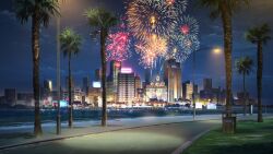aerial_fireworks atmospheric_perspective beach city_lights cityscape cloud cloudy_sky fireworks glowing grass highres lake lamppost night no_humans non-web_source official_art our_life:_beginnings_and_always outdoors palm_tree road scenery sign sky tree water