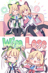 Rule 34 | 2girls, ^ ^, absurdres, animal ear headphones, animal ears, arms up, blonde hair, blue archive, blue necktie, bow, cat ear headphones, closed eyes, closed mouth, controller, couch, fake animal ears, game controller, green bow, green halo, hair bow, halo, headphones, heart, highres, holding, holding controller, holding game controller, jacket, joy-con, layered sleeves, long sleeves, midori (blue archive), momoi (blue archive), multiple girls, musical note, necktie, o o, on couch, pink halo, playing games, raised fists, red bow, red eyes, shirt, short hair, siblings, sisters, sitting, spoken heart, spoken musical note, takahero, twins, white jacket, white shirt, wide sleeves