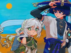 1boy 1girl arm_at_side arm_up armor black_bodysuit black_bow black_shorts blue_background blue_cape blue_gemstone blue_hair blue_hat blue_kimono blue_sky blue_sleeves blunt_ends bodysuit bow bridal_gauntlets bright_pupils cape clear_sky covered_collarbone detached_sleeves dress feathers furisode gem genshin_impact gold gold_ring gold_trim green_eyes green_hair green_sleeves hair_intakes hair_ornament hakama hakama_shorts half_crown_braid hat height_difference highres how_tosleep japanese_armor japanese_clothes jingasa juban kimono kote kurokote layered_sleeves leaf leaf_hair_ornament long_hair looking_at_another looking_at_viewer looking_down mandarin_collar middle_ring multicolored_hair nahida_(genshin_impact) open_clothes open_hand open_kimono parted_lips pleated_shorts pom_pom_(clothes) purple_eyes purple_rope purple_sash rope sash scaramouche_(genshin_impact) short_sleeves shorts shoulder_peek side_ponytail sidelocks sky streaked_hair sun tsurime vision_(genshin_impact) wanderer_(genshin_impact) white_dress white_hair white_kimono white_mouth white_pupils white_sleeves yellow_feathers