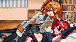 2girls a.i._voice adachi_rei ahoge armpits bed bedroom belt black_pantyhose black_shirt black_skirt black_sleeves black_thighhighs blush book bookshelf box buttons curtains detached_sleeves double-parted_bangs drill_hair gloves grey_shorts hair_between_eyes hair_ornament hair_ribbon hairclip headphones highres indoors jacket kakosa_sama kasane_teto kasane_teto_(utau) long_sleeves lying multiple_girls navel on_back on_person open_clothes open_jacket open_mouth orange_belt orange_eyes orange_hair pantyhose pillow pleated_skirt pocket radio red_eyes red_hair ribbon shirt shorts side_ponytail skirt skirt_set sleeveless sleeveless_shirt thighhighs tongue twin_drills utau white_gloves white_jacket white_ribbon yuri