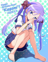 ! 1girl 2025 absurdres barefoot birthday blue_eyes blue_sailor_collar character_name closed_mouth collarbone convenient_censoring dated english_text feet female_focus full_body hair_between_eyes happy highres hiiragi_kagami kumaisao legs long_hair looking_at_viewer lucky_star no_shoes purple_hair ryouou_school_uniform sailor_collar school_uniform serafuku shirt short_sleeves sitting skirt smile solo summer_uniform thighs twintails white_shirt