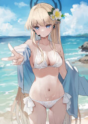 1girl absurdres bare_shoulders bikini blonde_hair blue_archive blue_eyes blue_jacket blush breasts flower hair_flower hair_ornament halo headset highres jacket large_breasts looking_at_viewer navel off_shoulder open_clothes open_jacket outdoors saibashi_(develop_komono) see-through_clothes solo swimsuit toki_(blue_archive) v wet_bikini white_bikini