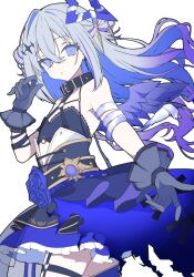 1girl amane_kanata blue_dress blue_eyes blue_flower blue_hair blue_rose camisole collar colored_inner_hair dress flat_chest flower frilled_skirt frills gloves grey_hair hair_between_eyes hair_bun halo highres hololive long_hair looking_at_viewer minkof_nn multicolored_hair rose simple_background skirt solo star_halo two-tone_hair virtual_youtuber white_background wings