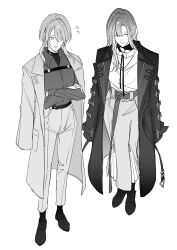 2girls ^_^ belt belt_buckle belted_coat boots buckle chest_belt chief_(path_to_nowhere) closed_eyes coat coat_on_shoulders collarbone collared_coat collared_shirt crossed_arms dress_pants dress_shoes female_chief_(path_to_nowhere) flying_sweatdrops frown full_body gradient_hair greyscale hair_between_eyes hair_over_one_eye high-waist_pants highres lab_coat lapels layered_skirt long_hair long_skirt monochrome multicolored_hair multiple_girls neck_flower neck_ribbon nervous notched_lapels open_belt open_mouth pants parted_lips path_to_nowhere pleated_skirt pocket ribbon scarf shalom_(path_to_nowhere) shirt sidelocks simple_background skirt smile socks standing sweatdrop toho10min turtleneck turtleneck_shirt undershirt white_background