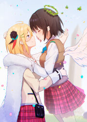 Rule 34 | 2girls, absurdres, aoi erika, black hair, blonde hair, bow, bracelet, breasts, cape, face-to-face, flower, fur-trimmed cape, fur trim, grey eyes, hair flower, hair ornament, heaven burns red, highres, jewelry, leaf bracelet, long sleeves, minase ichigo, multiple girls, rinki oohen, rose, shirt, short hair, vest, white shirt, wings, yuri