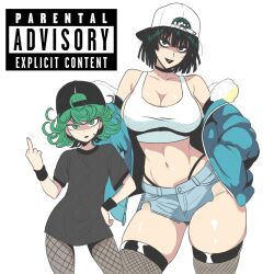 1girl 2girls black_hair black_lips black_shirt bob_cut breasts choker crop_top curly_hair fishnets flipped_hair fubuki_(one-punch_man) green_eyes green_hair highres large_breasts looking_at_viewer midriff multiple_girls one-punch_man petite shirt short_hair short_shorts shorts siblings small_breasts t-shirt tatsumaki thong windriftdraws