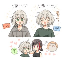 Rule 34 | 2girls, = =, aoba moca, bang dream!, black hair, black tank top, blush, commentary request, green eyes, green shirt, grey hair, grey hoodie, hair between eyes, headpat, heart, highres, hood, hoodie, mitake ran, multicolored hair, multiple girls, open mouth, purple eyes, red hair, shirt, short hair, streaked hair, tank top, translation request, yuri, zawameki