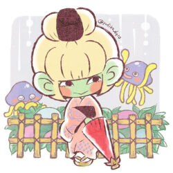 Rule 34 | 1girl, 2others, black eyes, blonde hair, blunt bangs, blush stickers, border, chibi, colored skin, commentary request, dragon quest, dragon quest x, dwarf (dq10), fence, geta, green skin, grey background, healslime, holding, holding umbrella, iyakika, japanese clothes, kimono, large ears, looking to the side, lowres, multiple others, obi, oil-paper umbrella, pink kimono, sash, smile, umbrella, updo, white border